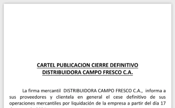 CARTEL PUBLICACIÓN DISTRIBUIDORA CAMPO FRESCO C.A.