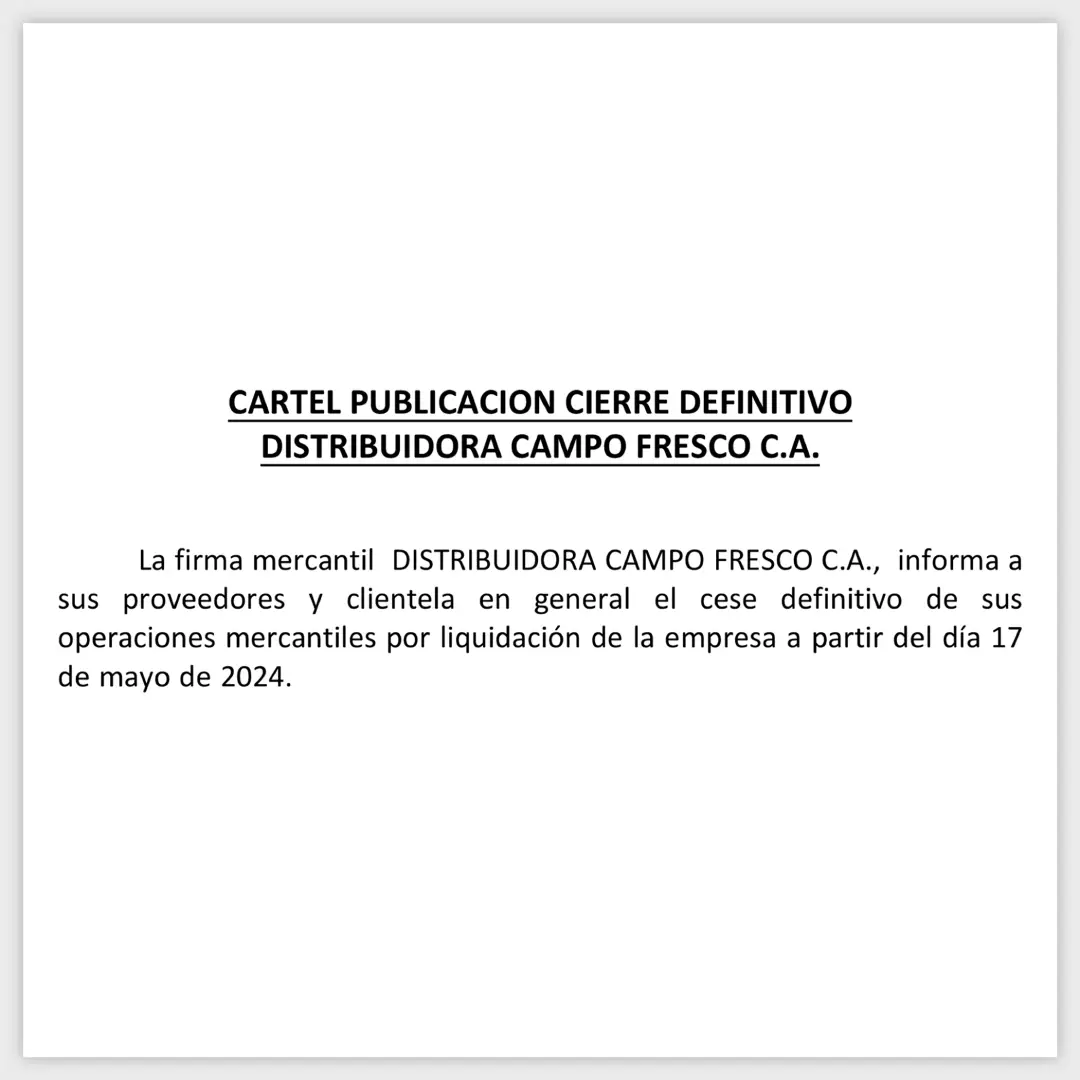 CARTEL PUBLICACIÓN DISTRIBUIDORA CAMPO FRESCO C.A.